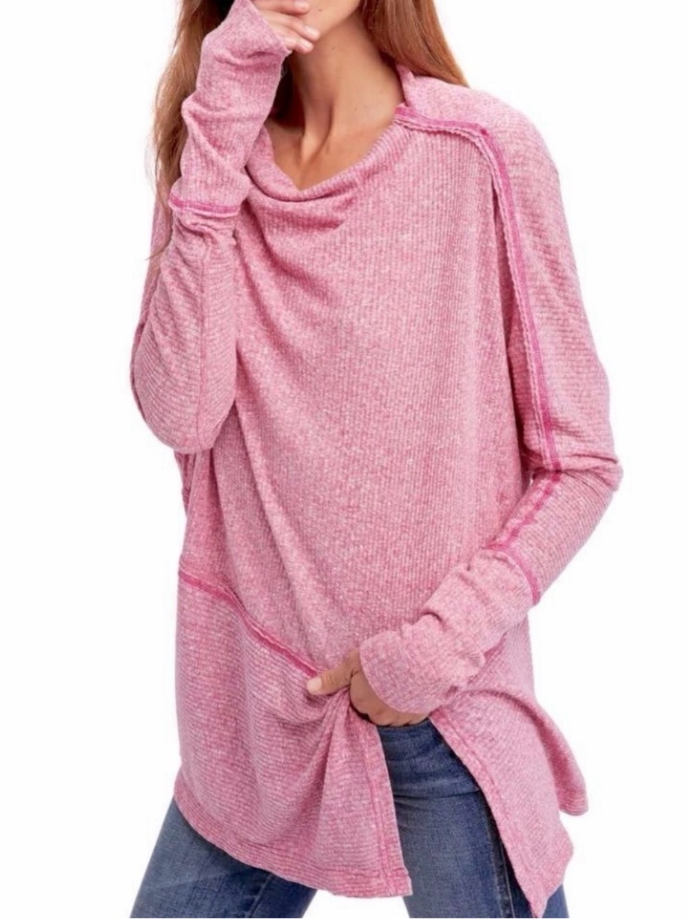 Free People We the Free Pink Londontown Thermal Cowl-Neck Tunic